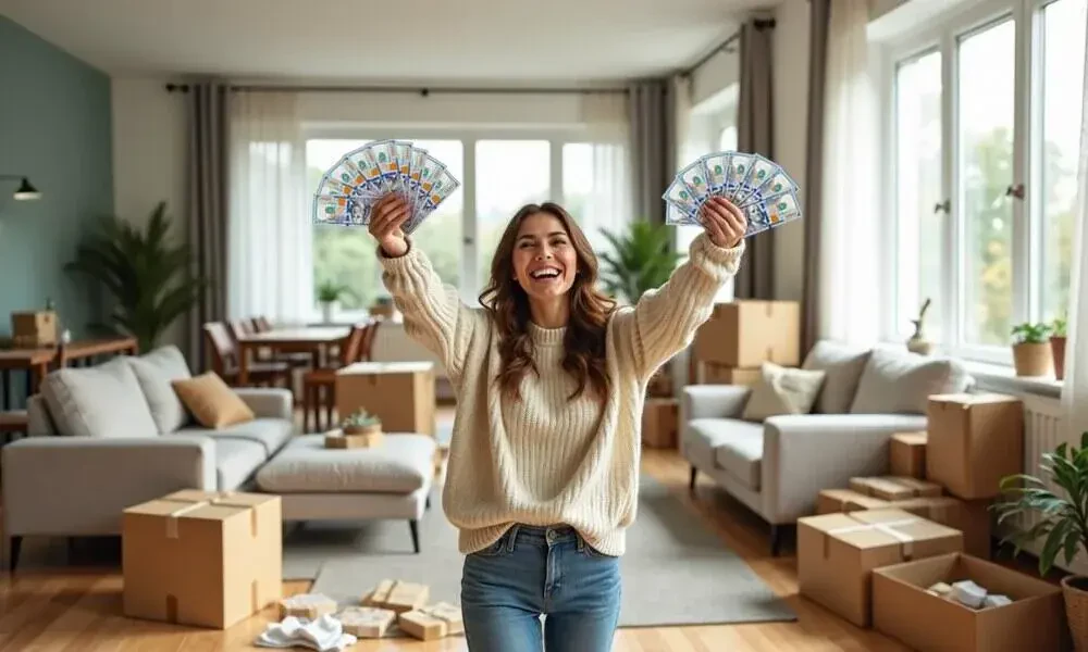 cheerful woman holds up bills in her living room