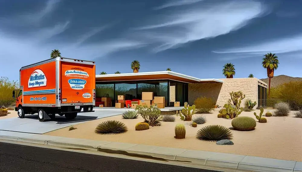 A Moving Truck Parked In Front Of A House In Palm Desert, CA