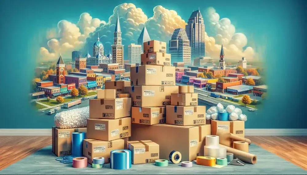 Stack Of Moving Boxes With Packing Supplies In Battle Creek, MI