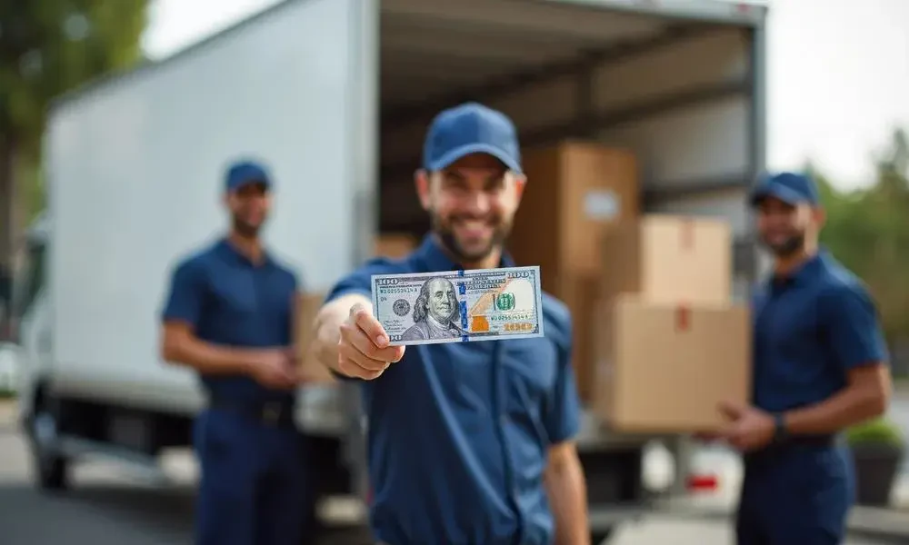 Man shows a money note beside a moving truck