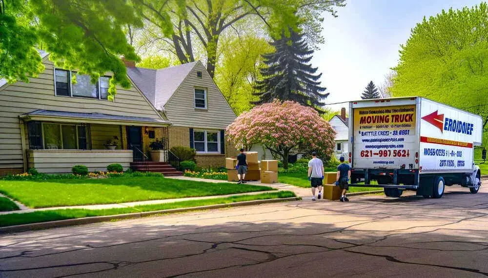A Moving Truck Parked In Front Of A House In Battle Creek, MI