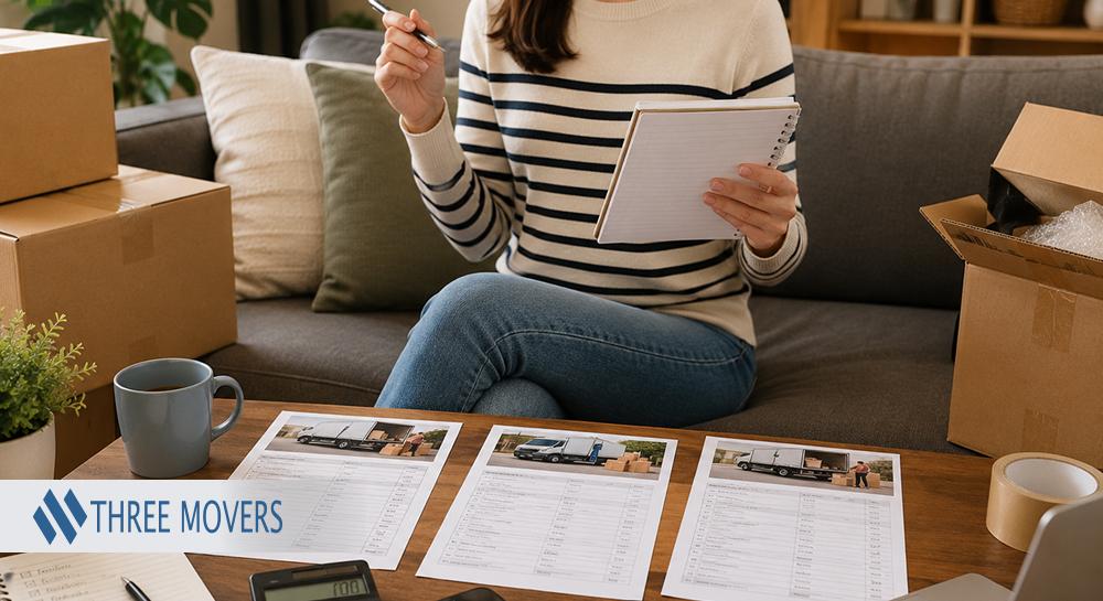 Woman comparing moving company quotes and costs while planning her move.
