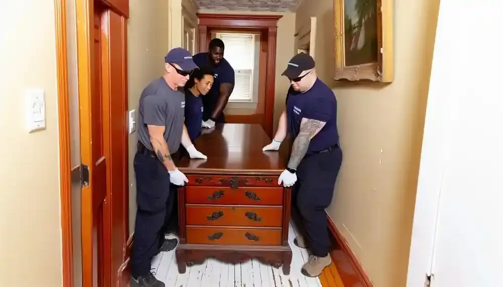 Moving Crew Navigating Through Narrow Hallways With Furniture Maine