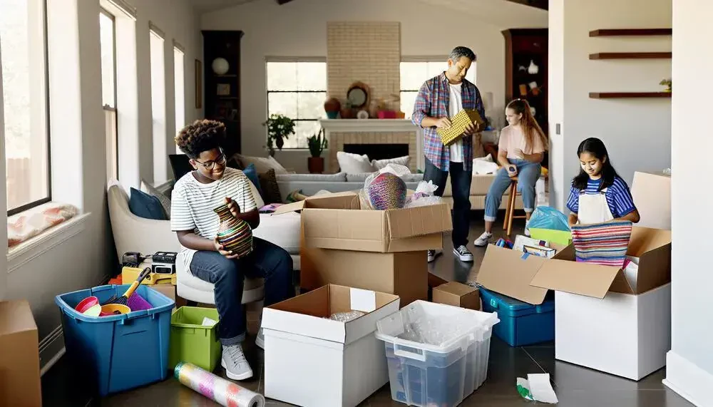 Family Packing Belongings Into Moving Boxes Garland, TX