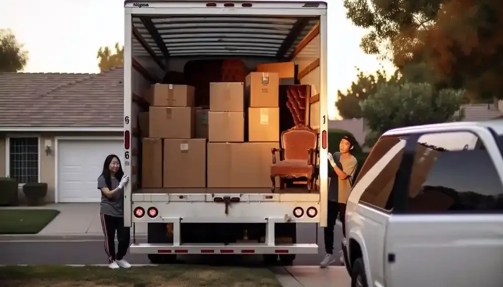Moving Truck With Packed Boxes And Furniture Maine