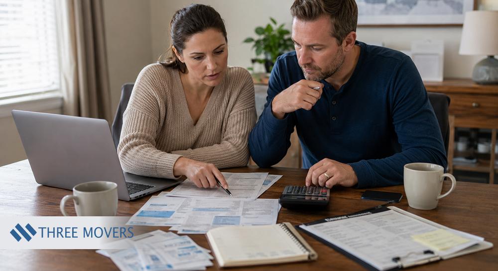 Couple reviewing moving paperwork, receipts, calculator, laptop, notebook, and mugs at table