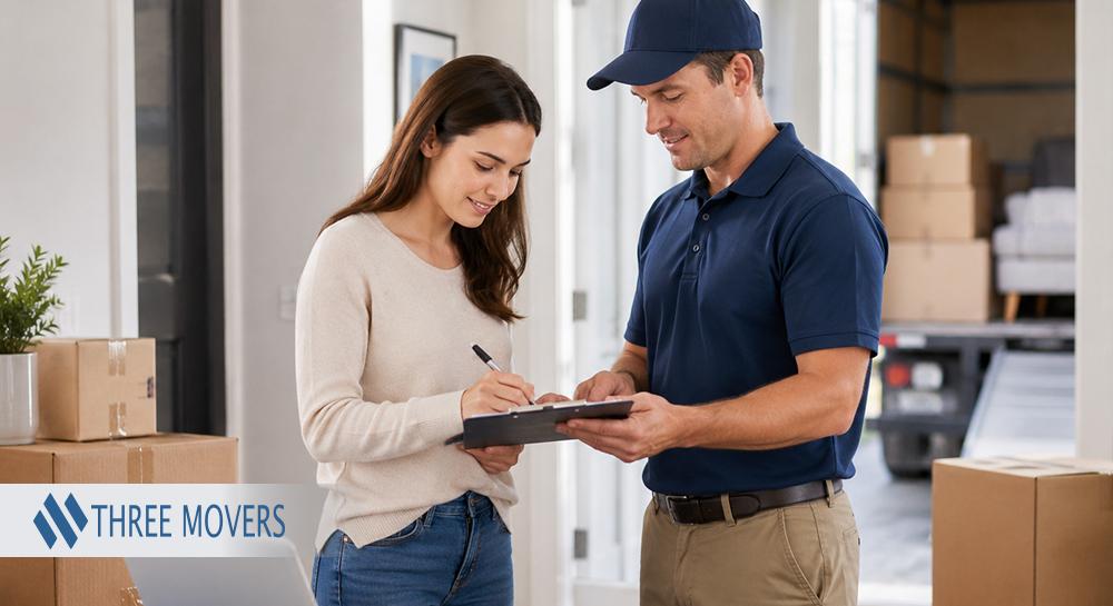 Customer signing a moving service agreement with a professional mover inside her home.