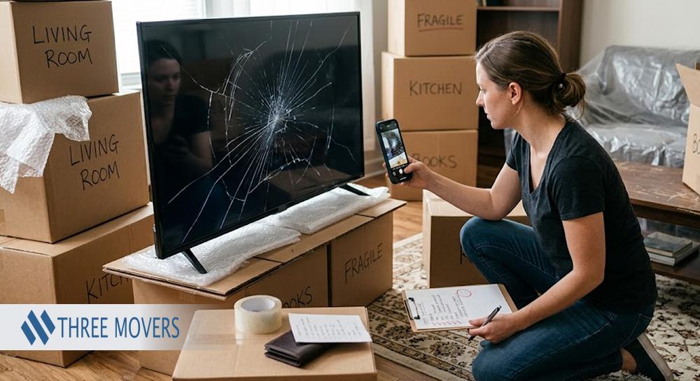 Homeowner photographing a damaged TV while documenting moving damage for a claim