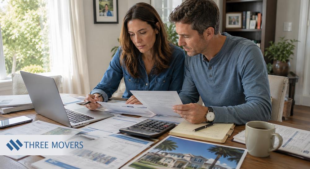 Couple reviewing housing market and relocation data at home with financial documents and laptop