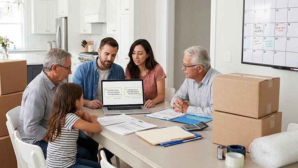 Family reviewing moving plans and scheduling details at a table surrounded by packed boxes