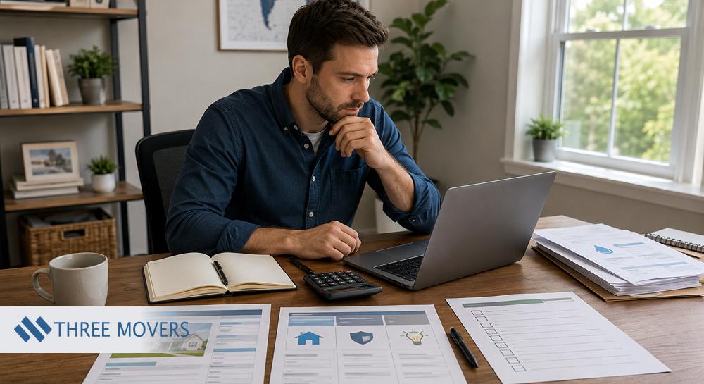 Man comparing home service quotes on laptop with checklist, calculator, notebook, and paperwork