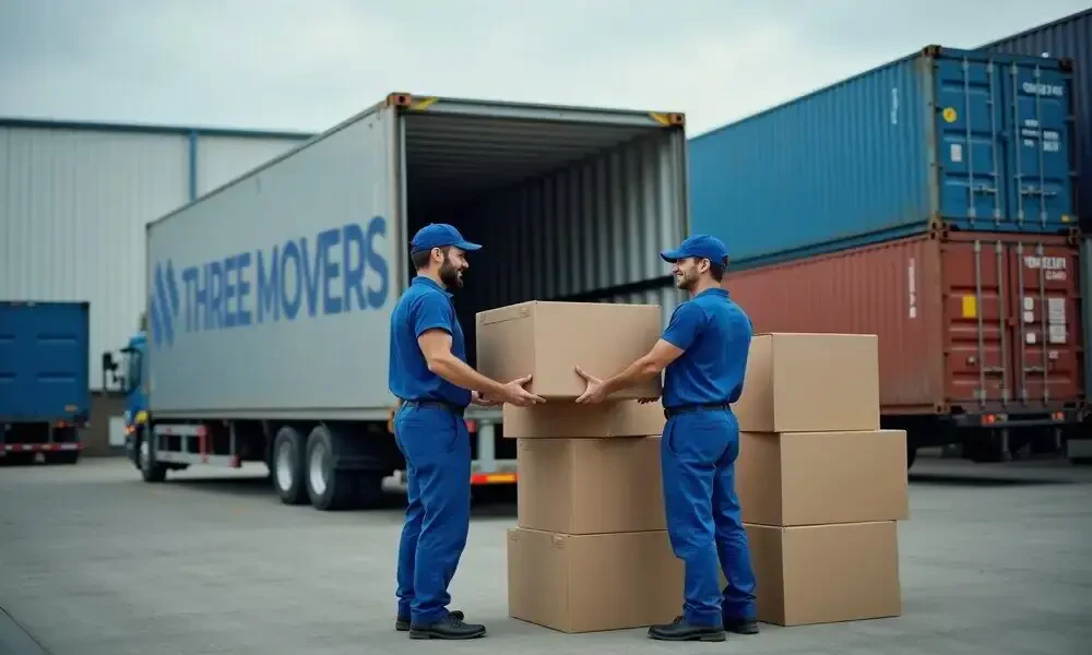 Mover securing boxes in the back of a truck