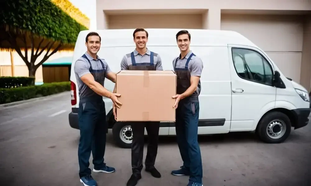 Mover carrying a box into a moving truck