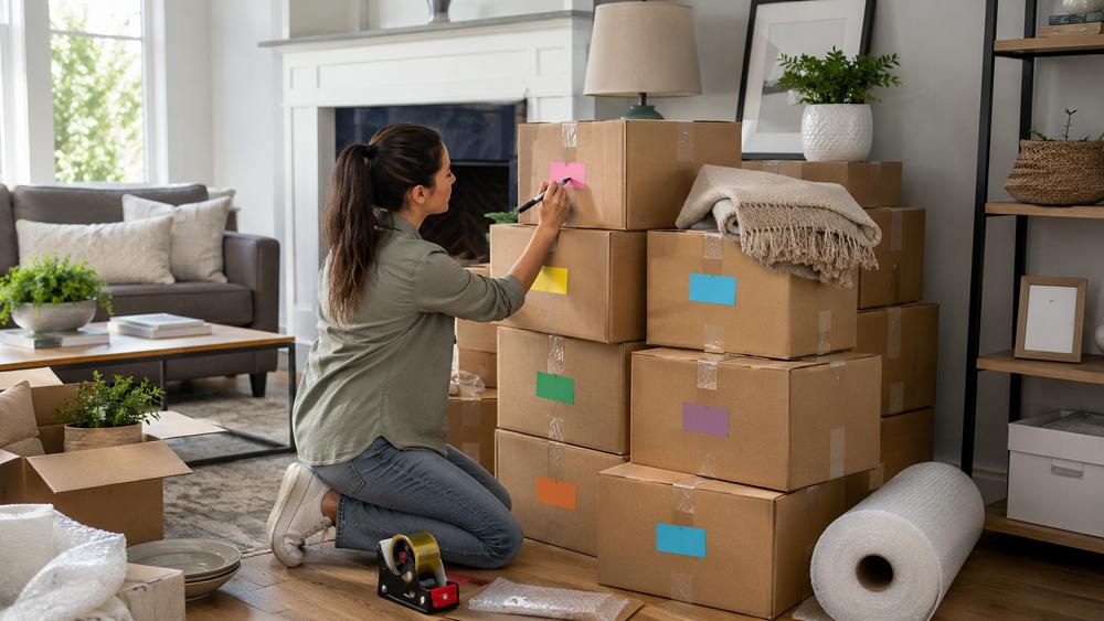 Woman labeling stacked moving boxes with colored notes in a living room before moving