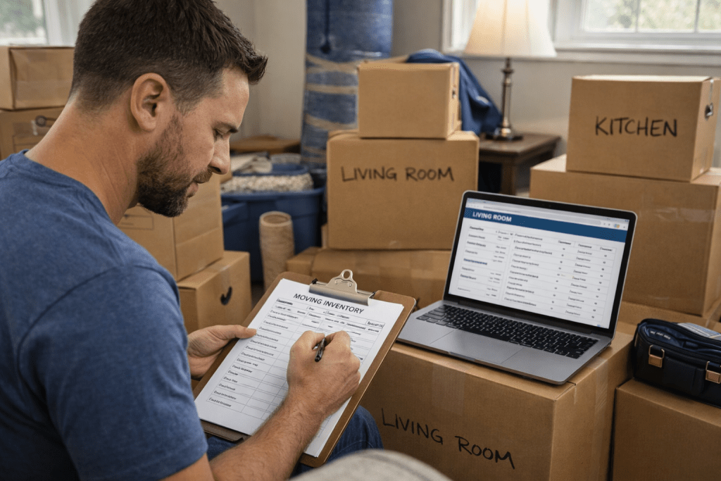 Man checking a moving inventory checklist beside labeled boxes and a laptop during move planning