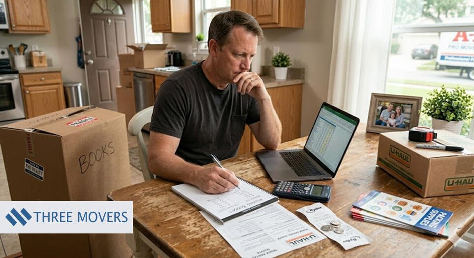 Man plans moving costs at a kitchen table, writing a budget checklist beside a laptop, calculator, and U-Haul moving boxes labeled “Books.”