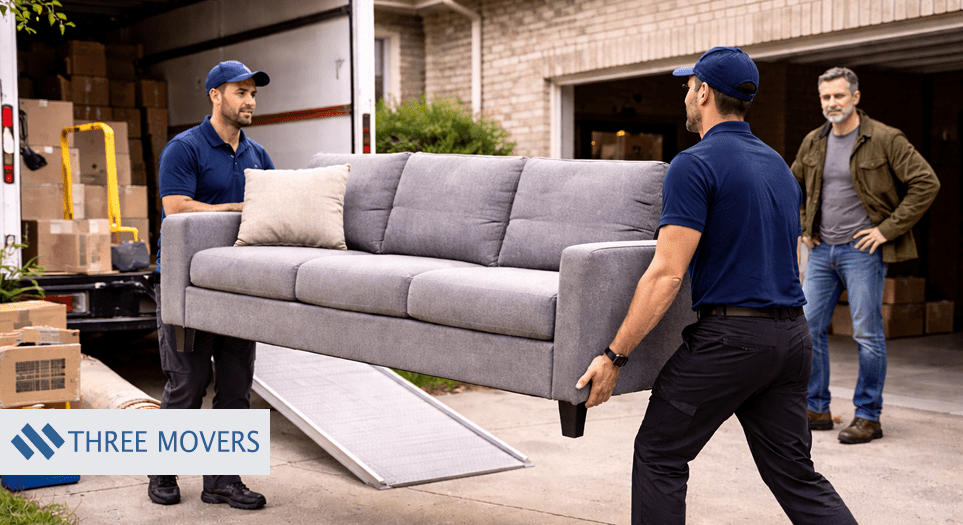 Two professional movers in uniforms carry a large gray sofa from a moving truck into a driveway while a homeowner watches, with boxes loaded in the truck.