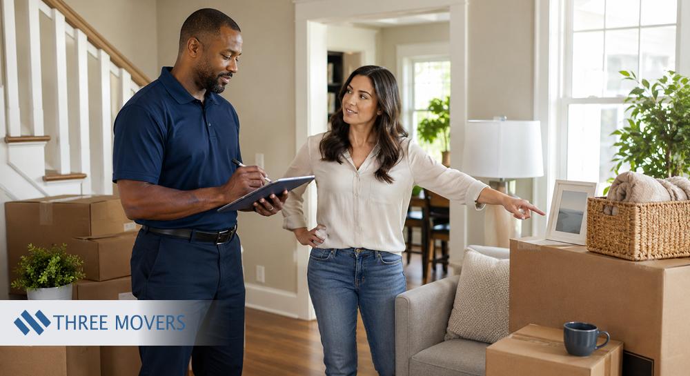 Moving coordinator taking notes as homeowner points to packed boxes in living room