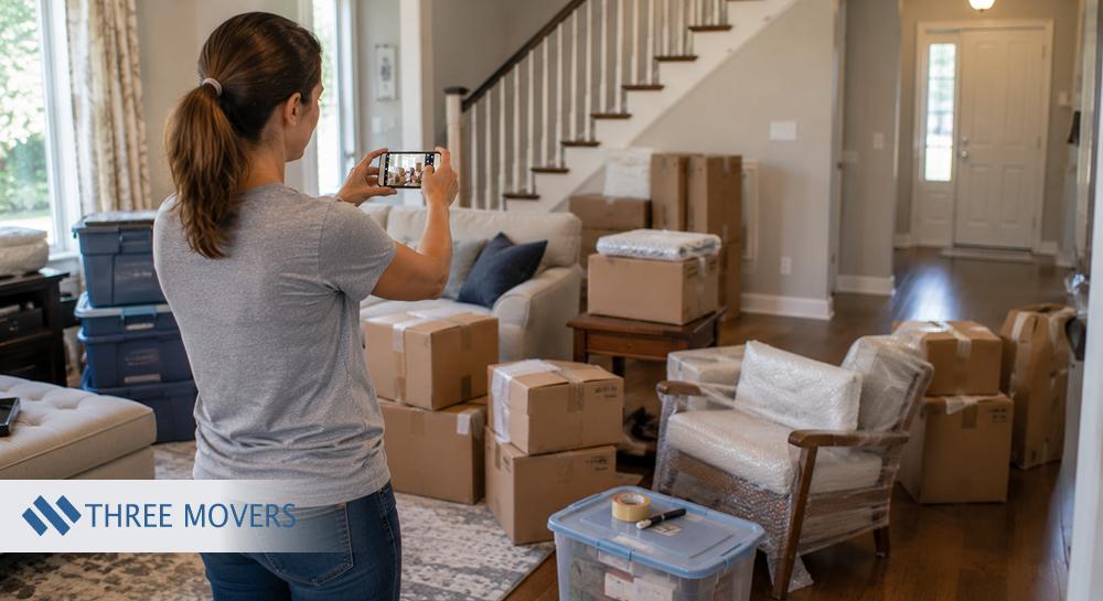 Homeowner photographing household items and packed boxes to document belongings before a move or relocation