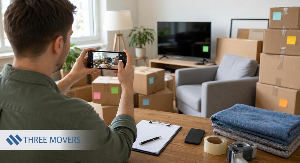 Man photographing packed living room boxes with moving blankets, tape, clipboard, and phone nearby