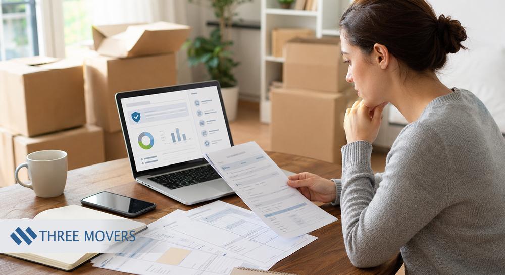Woman reviewing moving documents with laptop, notebook, phone, mug, and boxes nearby