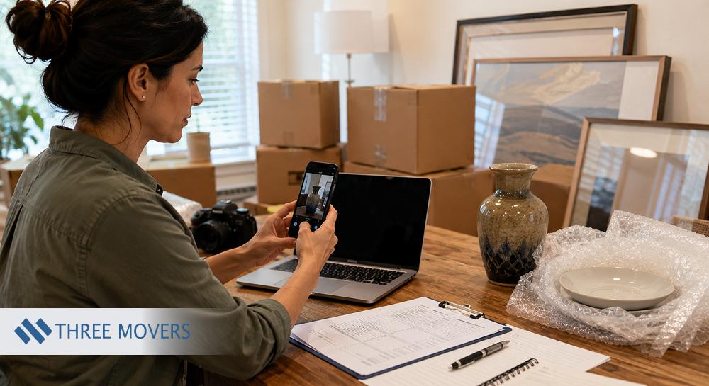 Woman photographing fragile items before moving with boxes nearby