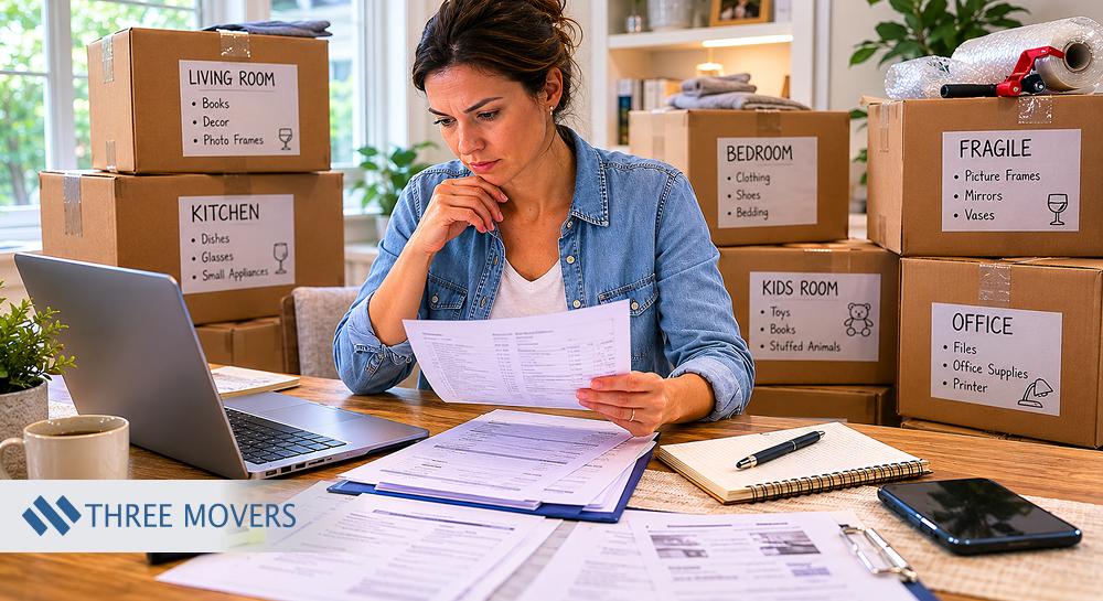 Woman reviewing moving documents with labeled boxes nearby